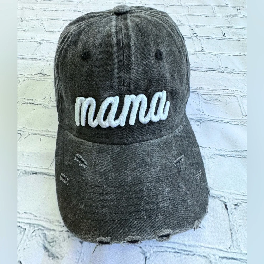 “Mama” Embroidered Distressed High Ponytail Adjustable Hat Cap 💗